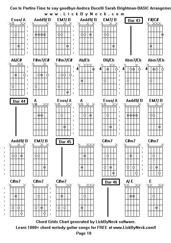 Chord Grids Chart of chord melody fingerstyle guitar song-Con te Partiro-Time to say goodbye-Andrea Bocelli Sarah Brightman-BASIC Arrangement,generated by LickByNeck software.